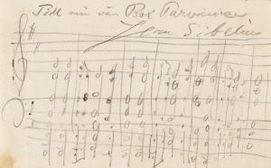 Jean Sibelius nothälsning till Oscar Parviainen Jean Sibelius tonhälsning till Oscar Parviainen, odaterad. Nationalbiblioteket.