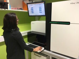 Forskaren Lili Milani tittar på när en högteknologisk maskin utför dna-analys. Forskaren Lili Milani tittar på när en högteknologisk maskin utför dna-analys av ett dna-test.