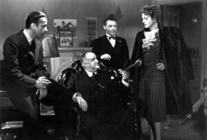 Koko jengi koossa: Sam Spade (Humphrey Bogart) Kasper "Fat Man" Gutman (Sydney Greenstreet), Joel Cairo (Peter Lorre) ja Brigid O'Shaughnessy (Mary Astor) Humphrey Bogart, Sydney Greenstreet, Peter Lorre ja Mary Astor elokuvassa Maltan haukka