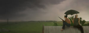 Ibland kan det vara lite knepigt att göra underhållning av våld. Just den här bilden kommer ändå inte från ett spel, utan är ett konstverk som heter "Tea and the apocalypse" En tecknad bild av två män som sitter på ett tak och blickar ut över en åker. Den ena håller i ett gevär och den andra har på sig en gasmask.