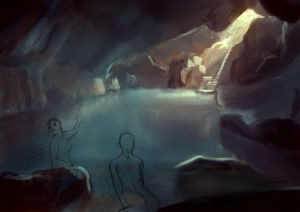 Ludwig älskar att teckna, och att spela. En bra kombination för att bli speldesigner. Här ser du hur ett konstverk ser ut under arbete. En tecknad bild av en grotta med vatten i. Bredvid vattnet, på några stenar, sitter två kvinnor som är ritade i blyerts.