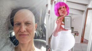 Kahden kuvan kollaasi, jossa Heini Hirvonen on kaljuna sekä pinkki peruukki päässään.