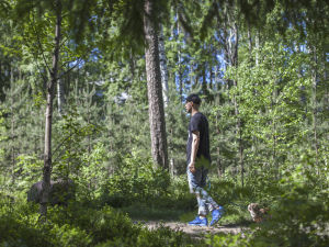 Mikko Toivianen Lyyli-koiran kanssa metsässä.