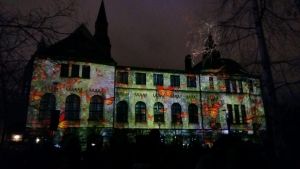 Ljusfestivalen Lux har blivit en stor folkfest. Detalj ur ljuskonstverket "Shelter seekers" av den mexikanska konstnären Ghiju Díaz de Léon på Nationalmuseets vägg i Helsingfors.
