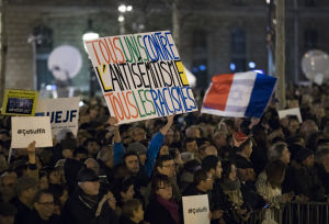 Demonstrationer mot antisemitism hölls på olika håll i Frankrike den 19 februari 2019. Bilden är från Place de la Republique i huvudstaden Paris. Demonstrationer mot antisemitism hölls på olika håll i Frankrike den 19 februari 2019. Bilden är från Place de la Republique i huvudstaden Paris.