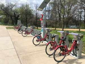 Elcyklar står parkerade i en park i Austin i Texas. Gräset är grönt och det finns träd och man kan skymta en sjö i bakgrunden.