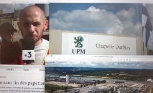 Julien Senecal, högst upp till vänster, anställd på UPM Kymmene sedan 2002 och företrädare för fackföreningen CGT, säger att de anställda är chockade över beslutet att sälja pappersbruket i Chapelle Darblay som syns nederst. Bildcollage på UPM Kymmene i Frankrike.