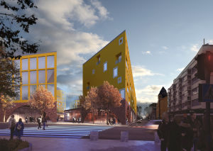 En gatukorsning med ett högt trekantigt hus i mitten.
