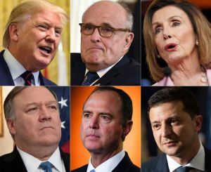 Centrala figurer i den pågående riksrättsutredningen. I övre raden president Donald Trump, hans advokat Rudy Giuliani och talman Nancy Pelosi. I nedre raden utrikesminister Mike Pompeo, utrikesutskottets ordf. Adam Schiff och Ukrainas president Zelenskij. Centrala figurer i den pågående riksrättsutredningen. I övre raden president Donald Trump, hans advokat Rudy Giuliani, talman Nancy Pelosi. I nedre raden utrikesminister Mike Pompeo, utrikesutskottets ordf. Adam Schiff, Ukrainas president Zelenskij.