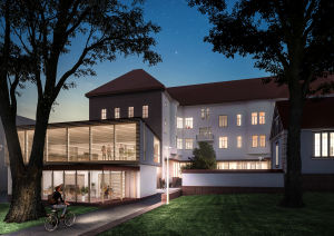 En illustration av hur en eventuell tillbyggnad till finska församlingshemmet i Borgå kan se ut. En ung cyklist kommer cyklande från Runebergsparken mot en fyrkantig byggnad med stora fönster som ligger intill församlingshemmet.