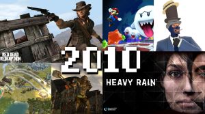 Ett kollage med bilder från Read Dead Redemption, Super Mario Galaxy 2, Team Fortress 2, Civilzation V, Fallout: New Vegas och Heavy Rain