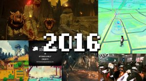 Ett kollage med bilder från Doom, Pokemon Go, Firewatch, Pony Island, Dark Souls 3, Persona 5, No Mans Sky och Stardew Valley