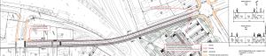 En karta som visar hur det skulle se ut med enkelriktad cykeltrafik på viadukten. Den röda färgen visar cykelväg, den ljusblå bilvägen och mörkare grått fotgängarnas område. Det gula är gemensam led för cyklister och fotgängare. En karta över en bro som visar hur fotgängartrafiken kunde styras.