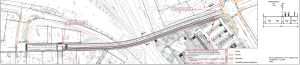 En karta som visar hur det skulle se ut med tvåfilig cykeltrafik på viadukten. Den röda färgen visar cykelväg, den ljusblå bilvägen och mörkare grått fotgängarnas område. Det gula är gemensam led för cyklister och fotgängare En karta som visar hur en järnvägsbro kunde se ut och byggas.