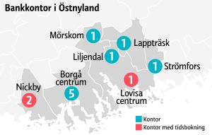 Så här ser det ut i januari 2020. Bankkontoren i Strömfors och Liljendal slås ihop och flyttar till Lovisa centrum under våren. karta