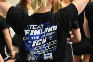 Häkkinens skada inträffade då landslaget för första gången skulle visa upp sitt VM-program för utomstående. Cheerleadingskjorta med VM-motiv.