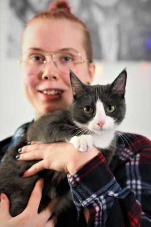 Katten Misha har Emmeth fått av styrkelyftarkollegan Fredrik Smulter. Emmeth Törrönen med katten Misha.