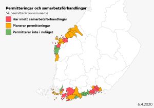 Kartan visar vilka kommuner som planerar eller redan har inlett samarbetsförhandlingar. Karta som visar vilka kommuner som planerar permitteringar.