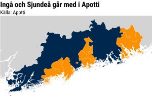 Kommuner i Nyland som valt att använda patientdatasystemet Apotti syns med orange på kartan. Förutom kommuner använder flera av HUS sjukhus datasystemet Apotti. Karta som visar kommunerna i Nyland. Ingå och Sjundea går med med i Apotti.