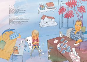 Ett uppslag i boken "min svarta hund". Illustration ur bilderboken "Min svarta hund" av Sanna Tahvanainen och Jenny Lucander.