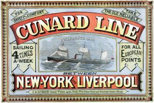 Cunard Line var ett av rederierna som kämpade om Blue Riband, Atlantens blåa band. Reklamposter för Cunard Line.