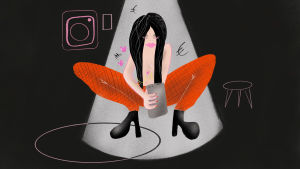 En ritad illustration av kvinna som är knäböj och poserar halvnaken för sina Onlyfans-anhängare.