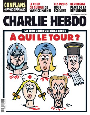"Den halshuggna republiken. Vem står näst i tur?" Tidskriften Charlie Hebdo publicerade 20.10.2020 en karikatyr efter att en lärare halshuggits efter att i skolan ha visat karikatyrer av profeten Muhammed. "Den halshuggna republiken. Vem står näst i tur?" Tidskriften Charlie Hebdo publicerade 20.10.2020 en karikatyr efter att en lärare halshuggits efter att i skolan ha visat karikatyrer av profeten Muhammed