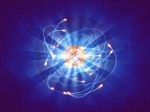 Atomi ja elektronit kuvattuna mystisesti valonsäteiden ja sähkönsinisen sävyissä.