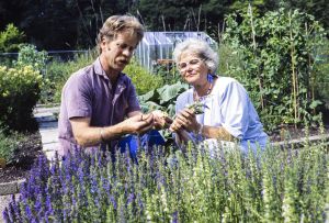Puutarhuri Arno Kasvi ja Tarja Flemming tutkivat sinertäviä kukkaistutuksia ulkona puutarhassa.