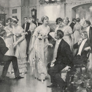 Kvinnor bjuder män upp till dans på en skottårsbal i England år 1912.