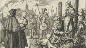 Systrarna Maria och Ursula van Beckum bränns på bål 1544. Jan Luyken, 1685. Systrarna Maria och Ursula van Beckum bränns på bål 1544. Jan Luyken, 1685.