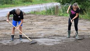 Jac och Malin Karlsson sår gräsmatta på gården. Jac Karlsson och fru Malin sår gräsmatta utanför sitt nybyggda hus i Karis.