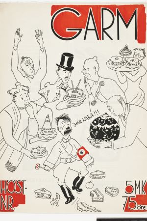 En modig karikatyr av Tove Jansson för tidskriften Garm, år 1938. Tove Janssons pärmbild för tidningen Garm.