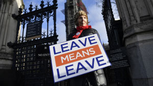 Brexit har pågått i tre år och delat landet. Brexitanhängare utanför parlamentet i London.