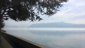 Vy över Genèvesjön från stranden i Lausanne. Vy över Genevesjön från staden Lausanne.