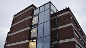 Det jobbar många svenskspråkiga på Lojo sjukhus men ändå händer det att det uppstår språkförbistringar. Lojo sjukhus fotat utoifrån i jultider.