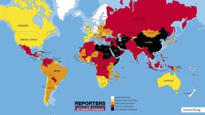 Pressfriheten i världen år 2017. Vit färg - bra situation, gul - tillfredsställande , orange - märkbart problem, röd - svårt läge, svart - mycket svår situation Pressfriheten i världen år 2017. Vit färg - bra situation, gul - tillfredsställande , orange - märkbart problem, röd - svårt läge, svart - mycket svår situation