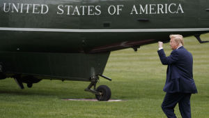 Så brukar presidenter lämna Vita huset. Med helikopter. Men Trump sitter kvar i väntan på Muellerutredningen Donald Trump med handen knuten i luften som hälsning, på väg till helikoptern, påmålad United States of America