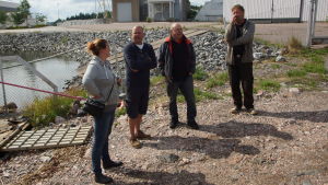 Lina Jonasson, Tom Malmberg, Frank Jonasson och Joakim Anderrson jobbar alla vid hamnen i Kalkstrand och följer med problemet dagligen. fyra personer som står och diskuterar