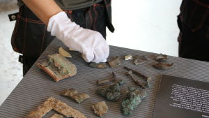 Arkeolog med vita vantar lägger fram fynd på en bordsyta.