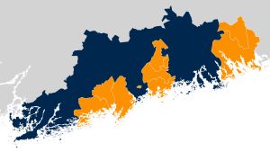 Kommuner i Nyland som valt att använda patientdatasystemet Apotti syns med orange på kartan. De blåa har alla beslutat att inte gå med eller velar fortfarande kring beslutet. Systemet används ändå på HUS sjukhus även om de finns på de blåa områdena. Karta som visar kommunerna i Nyland. Ingå och Sjundea går med med i Apotti.