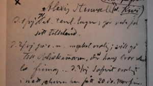 Saelans anteckningar om Kivi, fotograferade ur boken Satakolmekymmentävuotta psykiatriaa. Text ur Aleksis Kivis patientjournal.