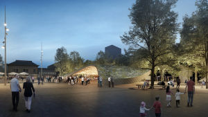 Så här kan Borgå torg se ut i framtiden. På skissen syns bland annat paviljongen med det böljande taket som ska byggas där den gamla busstationen ligger nu. Den gamla busstationen ska rivas i slutet av året, efter att julsäsongen är över. En byggnad med böljande tak omgivet av träd på ett torg.