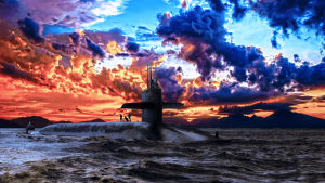 Sukellusvene on kohonnut pintaan satumaista taivasta vasten.