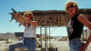 Nej, Thelma och Louise skjuter inte vilt till höger och vänster. De skjuter endast då det behövs. Susan Sarandon och Geena Davis i filmen Thelma & Louise 1991.