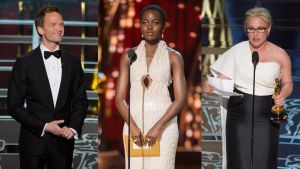 Neil Patrick Harris, Lupita Nyong'o ja Patricia Arquette yhtyivät Oscar-kritiikkiin. Harris kritisoi gaalaa valkopesusta, Arquette vaati palkkatasa-arvoa. // Kuva: EPA/Mark Suban/AMPAS