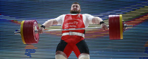 Olympiska tungviktsmästaren Lasha Talakhadze i EM-2018 i Bukarest. Olympiska tungviktsmästaren Lasha Talakhadze i EM-2018 i Bukarest.