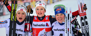 Krista Pärmäkoski slog sig in i topp-3 bakom Maiken Caspersen Falla (t.v.) och Ingvild Flugstad Östberg. Maiken Caspersen Falla, Ingvild Flugstad Östberg, Krista Pärmäkoski, tour de Ski 2018.