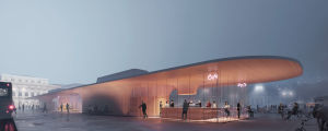 Arkitekternas vision över det nya Salutorget. En illustration över en upplyst paviljong i trä och glas på Salutorget i Åbo.