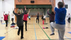 Pensionärer motionerar i en gymnastiksal.
